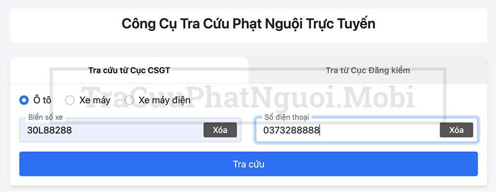 Ví dụ: nhập biển xe 30L 88288