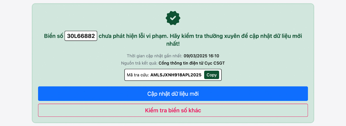 Kết quả Tra Cứu Phạt Nguội Biển số xe 30L66882