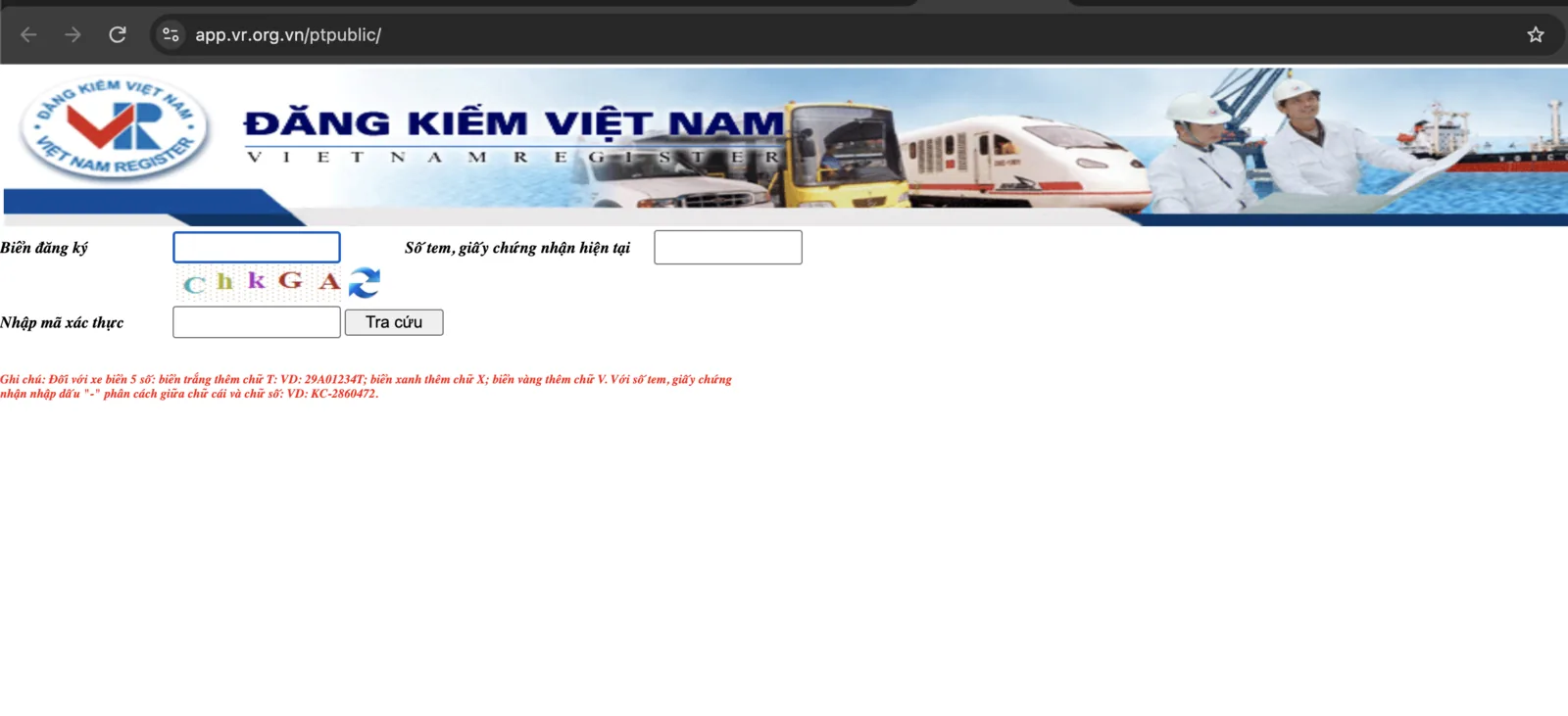 Form tra cứu phương tiện của Cục Đăng kiểm Việt Nam tại app.vr.org.vn/ptpublic: ô Biển đăng ký, ô Số tem giấy chứng nhận hiện tại, mã xác thực captcha và nút Tra cứu, kèm ghi chú cách nhập biển 5 số